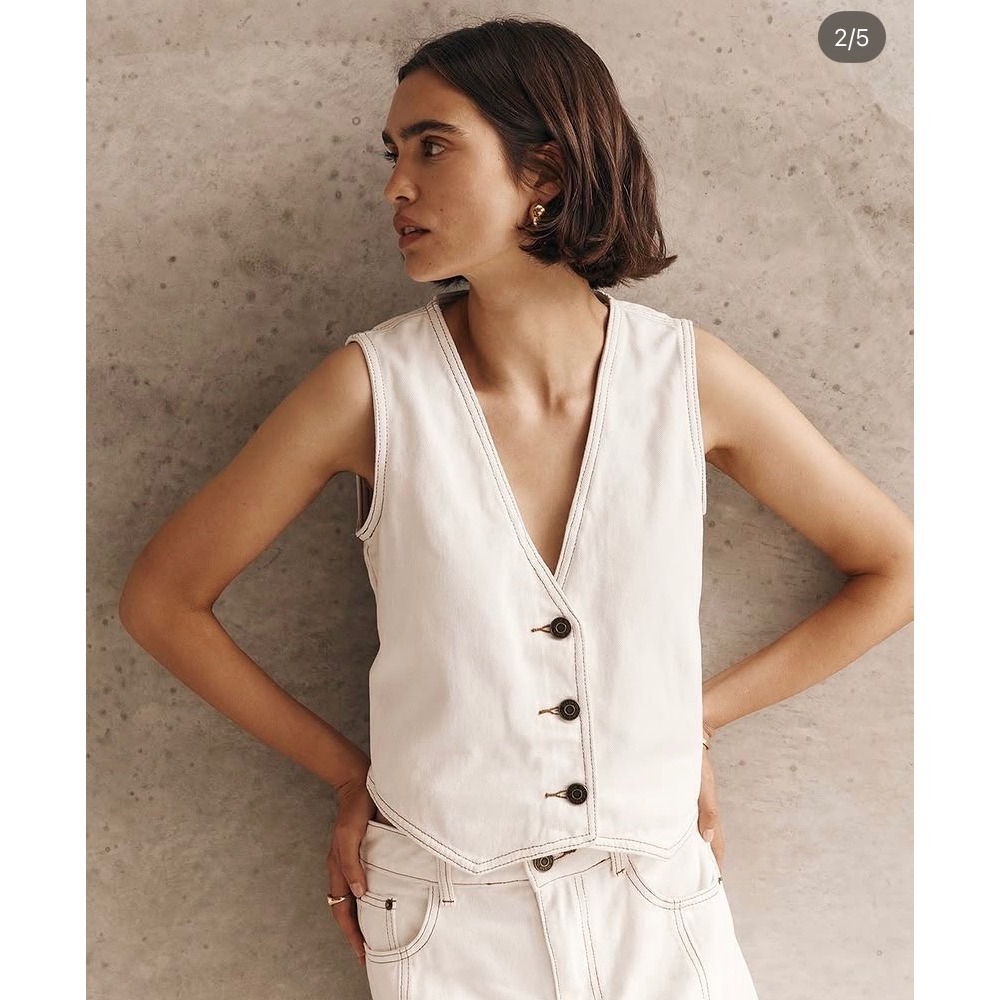 Dissh Lennon Off-White Denim Vest Button Front Cinch Back Waistcoat Top Size 4